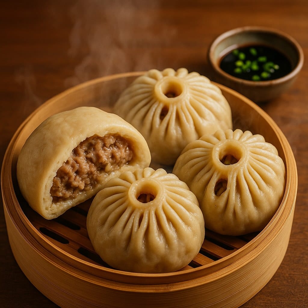 Гигантский пельмень и буузы XXL на бамбуковой пароварке с аппетитным паром и тёплым светом