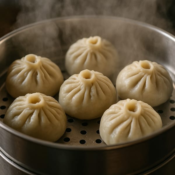 Буузы на решётке пароварки — паровая готовка без масла