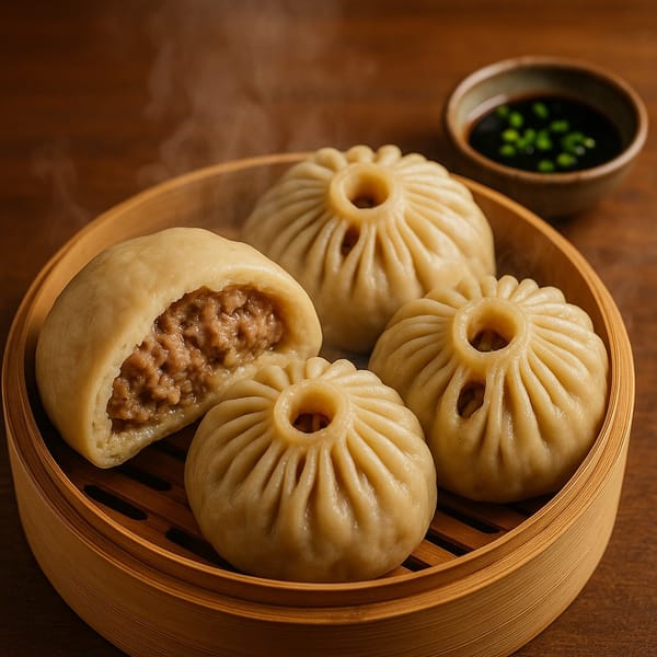 Гигантский пельмень и буузы XXL на бамбуковой пароварке с аппетитным паром и тёплым светом