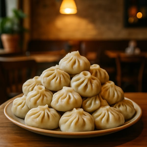 Гора свежесваренных бууз на большом блюде в кафе